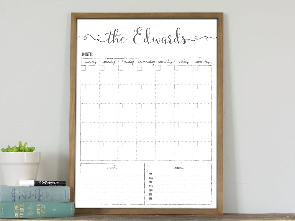 Customized Dry Erase Whiteboard Framed Calendar, Wet Erase or Dry Erase calendar for wall, 18x24 or 24x36 Wall Calendar, Monthly Calendar, Family Name Calendar