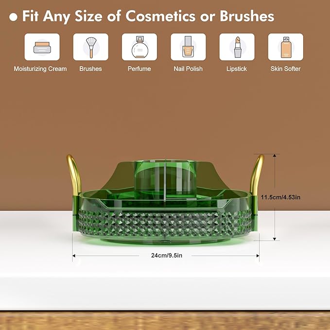 Awenia Rotating Makeup Organizer 360, Stackable Adjustable Large Capacity Cosmetic Storage Unit,Dresser Bathroom Kitchen Countertop Organizer with Metal Handle, Plus Size (Gem Green, 1 Tier)