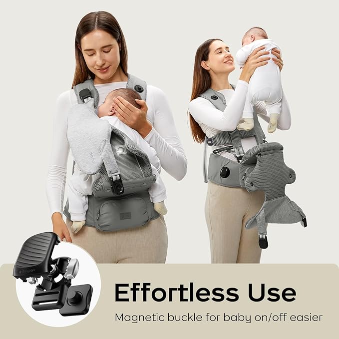 Bc Babycare Hexa Effortless Baby Carrier with Hip Seat - Ergonomic Toddler Carrier (13.2-33 lbs), Adjustable Slide Lock & Knob, Hip-Healthy Design for Parent's Back Relief, Gray