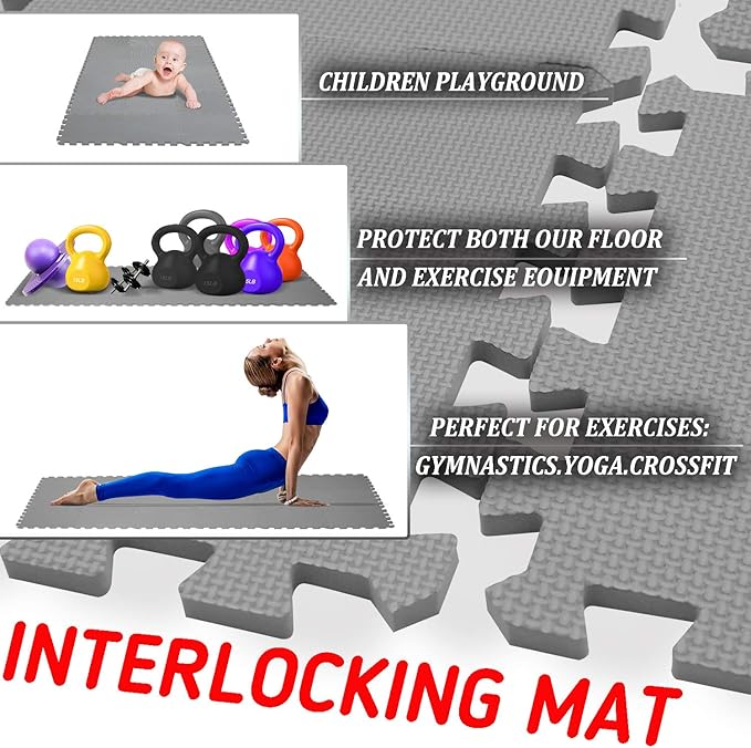 XMTMMD Soft Non-Toxic Foam Baby Play Mat | Toddler Playmat | EVA Foam Interlocking Tiles for Gym, Nursery, Playroom | 18 Squares Foam Floor Mats for Kids & Babies | Gray Jigsaw Puzzle Play Mat