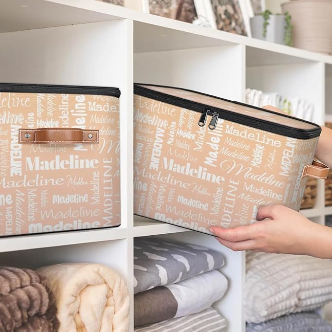 Custom Storage Basket with Name, Personalized Storage Bins with Zipper Lid, Foldable Fabric Storage Box Large capacity with Handle Apricot