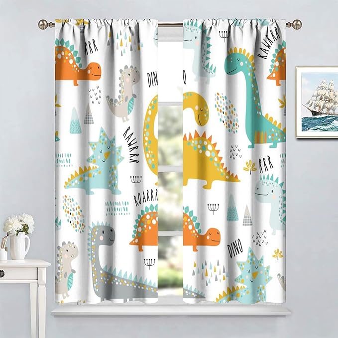 Dinosaur Curtains for Kids Boys Girls Home Decor Childish Cute Dino Animals Print Pattern Rod Pocket Blackout Window Drapes for Nursery Baby Bedroom Playroom W36xL63in 2 Panels