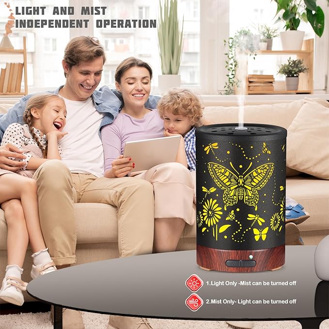 Metal Essential Oils Diffuser 150ML Christmas Aromatherapy Diffuser Cool Mist Humidifier with 7 Colors Lights Waterless Auto Off Air Diffusers as Gifts for Mom(Butterfly)