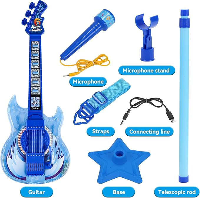 Guitar and Microphone Play Set for Boys New Upgrade,Karaoke Machine with Music&Light,Microphone Toys with Stand,Adjustable Height Guitar Toys for Kids,Toddlers,Child