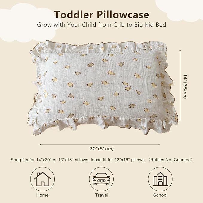BuLuTu Cute Toddler Pillow Cases Cotton Muslin Toddler Pillowcase 1 PC, Ultra Soft Small Pillowcase Fits Toddler Pillow Sized 12"x16"/13"x18"/14"x19", Enveloped Closure Kids Girls Boys Pillowcases