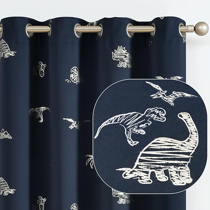Vangao Kids Curtains Navy Blue Blackout Dinosaur Curtains for Boys Kids Nursery Girls Room Silver Dino Foil Print Thermal Insulated Drapes Grommet Top Window Treatments 63 Inches Length 2 Panels