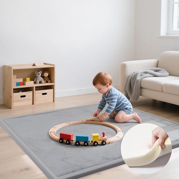 Thick Play Mat for Baby, 50 X 50x 1.3" Memory Foam Playpen Mat,Ultra Soft Tummy Time Mat with Non-Slip Backing, Baby Crawling Mat Child Nursery Rug for Infant, Toddlers, Kids (Light Gray)