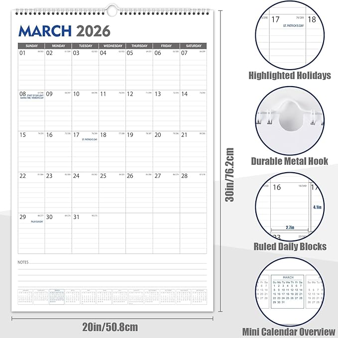GuassLee Extra Large Wall Calendar 2025-26, 20"x 30" Gaint Vertical Wall Calendar 2025, Jun. 2025 to Dec. 2026, 19-Month Paper Hanging Planner Wall with Julian Date for Office Home