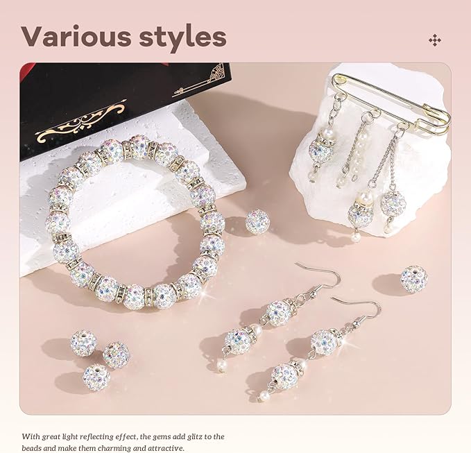 160pcs 10mm Rhinestone Beads for Jewelry Making, Crystal AB Shiny Round Disco Ball Beads Bulk, Sparkle Crystal Clay Christmas for Bracelet Baseball Necklace Earring Crafting and DIY