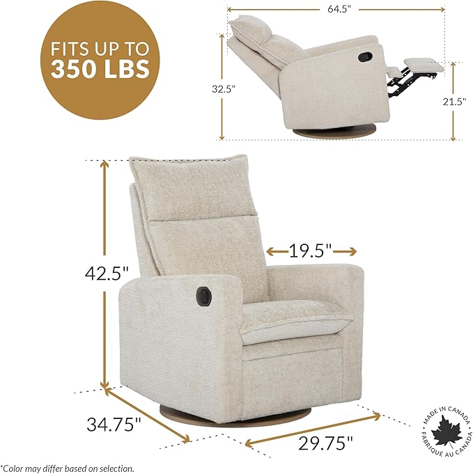 Jaymar Arya Modern Nursery Glider Recliner Chair – Cozy Nursing Chair with 360° Swivel for New Parents, Gentle Motion, Compact Design, High Back & Low Armrests, Canadian Made (Dove Grey/Como Fabric)