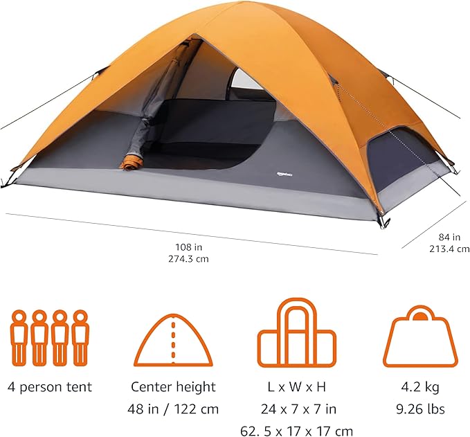 Amazon Basics Camping Tent, 3-Season Dome Design with Rainfly