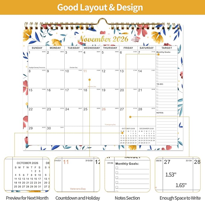 Calendar 2025-2027 22 Monthly Wall Calendar Runs from September 2025 until June 2027 Spiral Binding Hanging 11.5" x 14.7" Thick Paper with Julian Dates and Block for School Office（Flower）