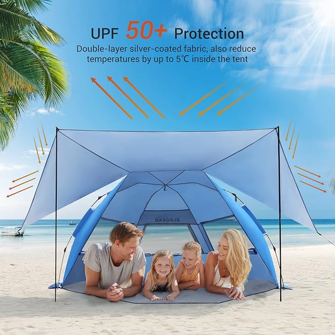 Elegear Beach Tent with Canopy, 1-Second Setup Pop Up Sun Shelter Shade, UPF 50+ UV Protection Silver-Coated Lightweight Portable Beach Cabana