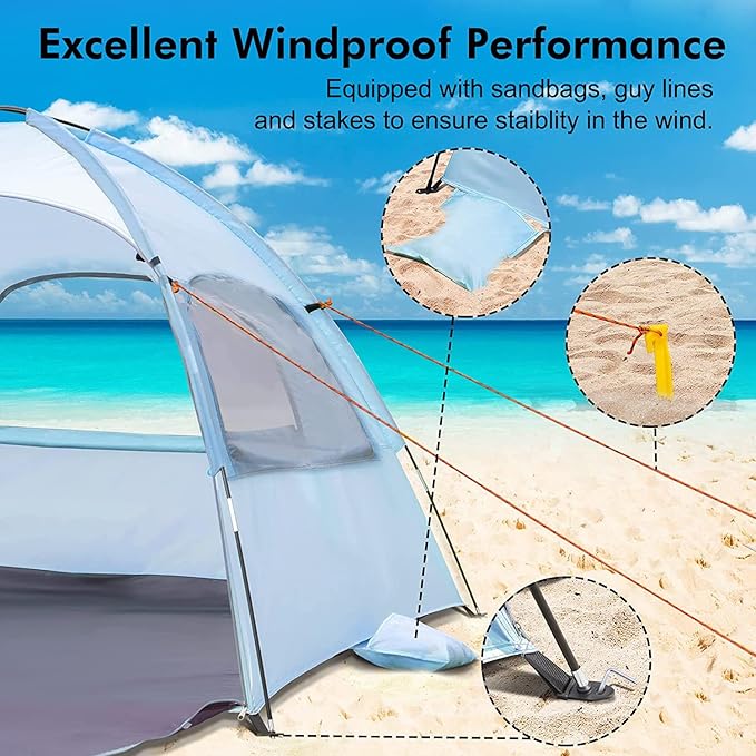 WhiteFang Beach Tent Anti-UV Portable Sun Shade Shelter for 3/4/6/8 Person, Extendable Floor with 3 Ventilating Mesh Windows Plus Carrying Bag, Stakes and Guy Lines