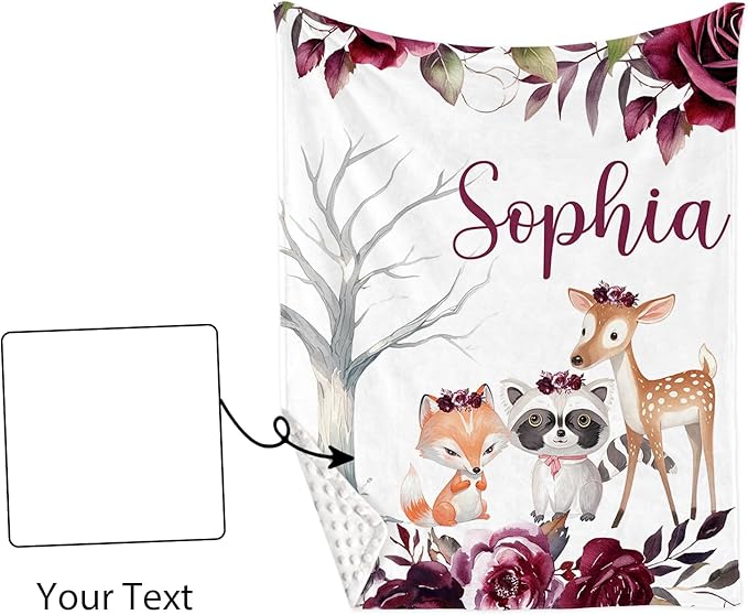 Personalized Baby Crib Bedding Set for Baby Girls, Rose Animal Pattern Custom Name 5-Pcs, Toddler Double Layer Blanket Fitted Sheets Changing Pad Cover Rug Wall Art Set