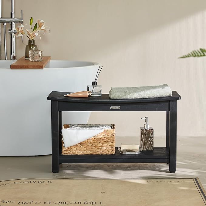 30'' Waterproof Shower Stool, Poly Lumber Shower Bench Seat for Shaving Legs, HDPS Plastic Bath Chair Seat, Non-Slip & No Maintenance, Black, Weight Capacity 700LBS (30 x 13 Inches)