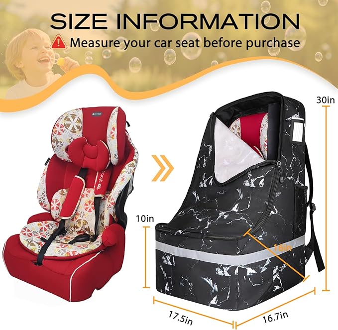 Car Seat Travel Bag for Airplane,Infant Seat Travel Bag with Shoulder Strap,Padded Car Seats Backpack with Reflective Stripes,Large Carseat Carrier Bag Travel Car Seat Cover, Black marble