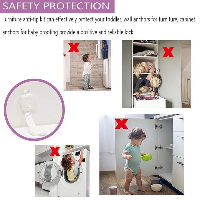 Upgraded No Drill Adhesive Furniture Anchor, Adjustable Anti Tip Furniture Wall Straps for Baby Proofing & Pets, Secure to Playroom, 4 Pack