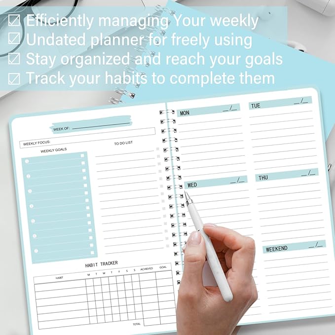 Undated Weekly Planner, Weekly To Do List Notebook with Goal & Habit Tracker Organizer, A5 5.7" x 8.0" Weekly Planner Notebook with Spiral Binding for Men or Women
