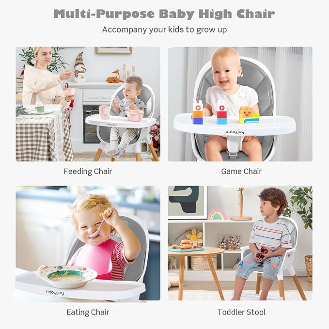 BABY JOY Convertible Baby High Chair, 3 in 1 Highchair w/Adjustable Legs, Dishwasher Safe Tray, Detachable PU Cushion, Footrest, 5-Point Harness for Babies Infants Toddlers (Gray)