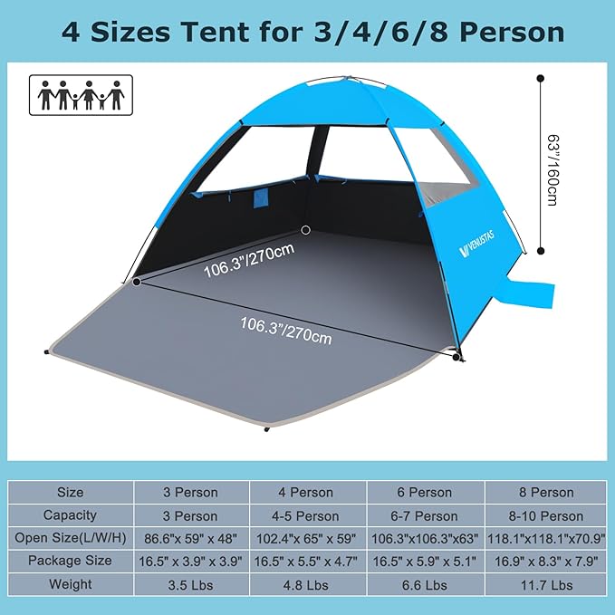 Venustas Beach Tent Sun Shelter for 3/4-5/6-7/8-10 Person, UPF 50+ UV Protection Beach Canopy, Lightweight and Easy Setup Cabana, Portable Shade Tent