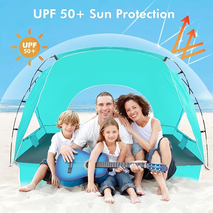 Beach Tent, Portable Sun Shelter for 2/3/4/6-8 Person with UPF 50+ UV Protection, Easy Setup Waterproof Beach Shade Canopy Cabana for Family Outdoor and Picnics, Fishing with Carrying Bag