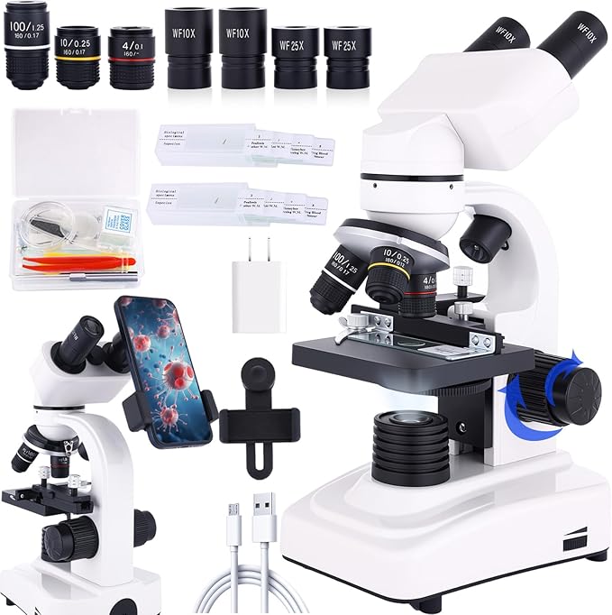 Binocular Microscope Magnification 40X-2500X, WF10x and WF25x Eyepieces, Dual LED Illumination, Suitable for Schools Home Labs Educational Adult Microscope