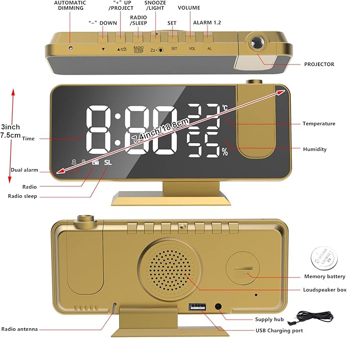 Projection Digital Alarm Clock for Bedrooms, Alarm Clock Radio on Ceiling, USB Charger Port, Temperature & Humidity Display, 7.3” Large Mirror LED Display,12/24H,Snooze,Dual Loud Clock- 4 Dimmer