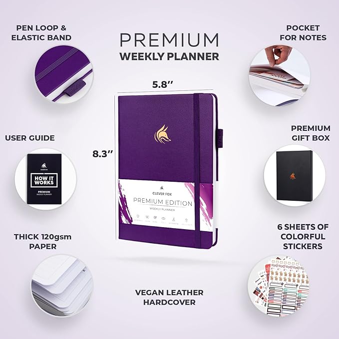 Clever Fox Planner Premium Edition – Undated Luxurious Weekly & Monthly Planner to Increase Productivity and Hit Your Goals – Organizer – Start Anytime, A5, Lasts 1 Year, Purple (Weekly)