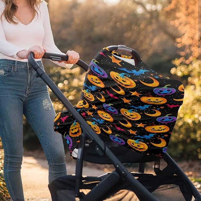 Binienty Galaxy Pumpkin Bats Moon Car Seat Covers for Babies, Halloween Decoration,Halloween Pumpkin Nursing Cover Breastfeeding Scarf, Stretch Baby Carseat Canopy