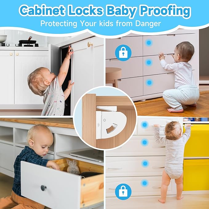 4 Pack Magnetic Cabinet Locks for Child Safety, Drawer Locks Baby Proofing, Magnetic Door Safety Locks for Cabinets and Drawers, Easy Installation No Tools Required (4 Pack and 1 Keys)