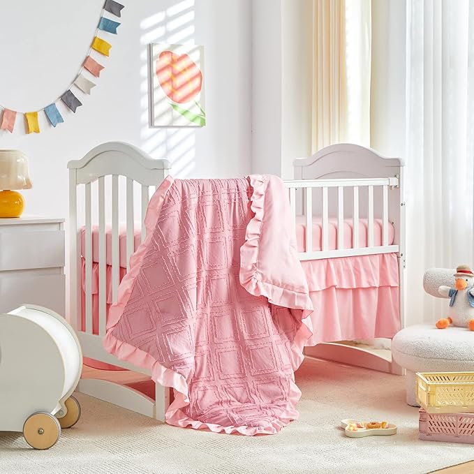 Mini Crib Bedding Set 3 Pieces Baby Boho Quilted Tufted Ruffles Comforter with Fitted Sheet and Ruffled Bed Skirt - Cute Shabby Baby Bedding Fits Mini Crib Only Pink
