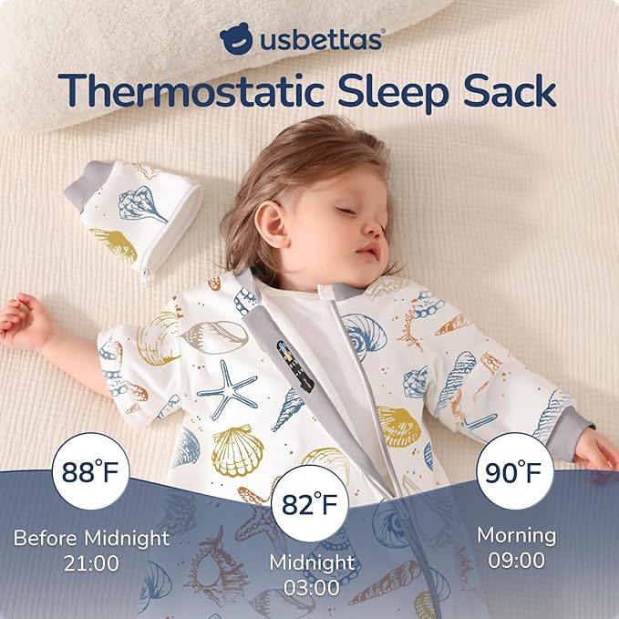 Baby Sleep Sack 18-24 Months, Cotton Detachable Long Sleeve Sleep Sack, 1.0 Tog Toddler Sleeping Sack with Temperature Strips, 2-Way Zipper Wearable Blankets for Newborns, Ocean