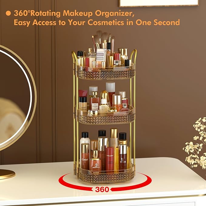 Awenia Rotating Makeup Organizer 360, Stackable Adjustable Large Capacity Cosmetic Storage Unit,Dresser Bathroom Kitchen Countertop Organizer with Metal Handle, Plus Size (Honorable Gold, 3 Tier)