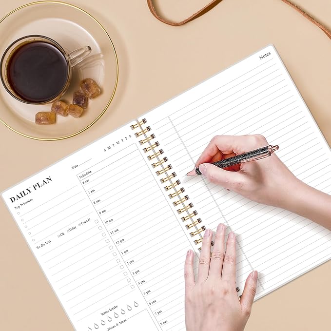 Daily Planner Undated - B5 To Do List Notebook Hourly Schedules, Spiral Appointment Planner for Women and Men, PVC Hardcover, Inner Pocket, Elastic Closure, 7" x 10", Blue Watercolor