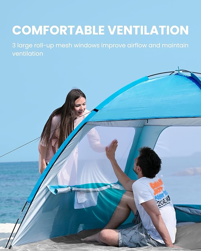 OutdoorMaster Beach Tent for 3/4 Person - Easy Setup Sun Shade Shelter, Portable Beach Shade Sun Canopy with UPF 50+ UV Protection, Removable Skylight Family Size