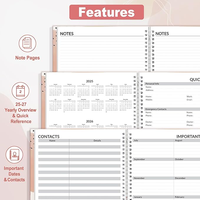 SUNEE Academic Planner 2025-2026 Weekly and Monthly, July 2025-June 2026, 8.5"x11", Tabs, Note Pages, Pockets, Bookmark, Flexible Cover, Spiral Binding, Blushing Abstract Breeze