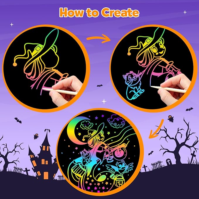 ZMLM Scratch Paper Art Craft: 2 Pack Rainbow Scratch Set for 3 4 5 6 7 8 9 10 Years Old Girls Boys Students Drawing Coloring Black Magic Art Supplies Kits Gifts School Birthday Party Toys(Halloween)