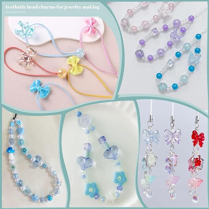 Assorted 260-320PCS Acrylic Beads for Bracelet Making, Flower Bow Butterfly Candy GummyBear Kawaii Aesthetic Beads,Cute Bead for Jewelry Making DIY Necklace Keychain Phone Charms(6 Colors)