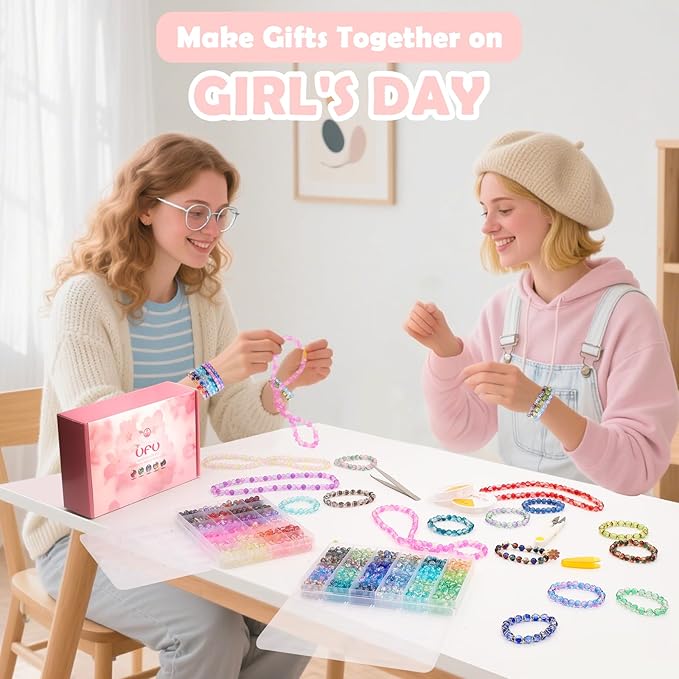 UFU 8mm Glass Beads for Jewelry Making, 1300+ Pcs 46 Colors Crackle Glass Beads Bracelet Making Kit, Round Crystal Beads for Bracelets Necklace DIY Crafts Gifts, Without Jewelry Pliers