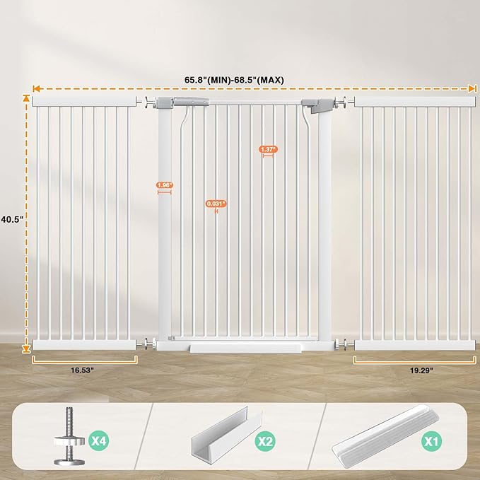 40.5" Extra Tall Baby Gate Pressure Mounted, 65.8"-68.5" Extra Wide Dog Pet Gate Indoor for Doorway, Metal Long Safety Child Gate, Auto Close Swinging Baby Gate for Kids Stairs, White