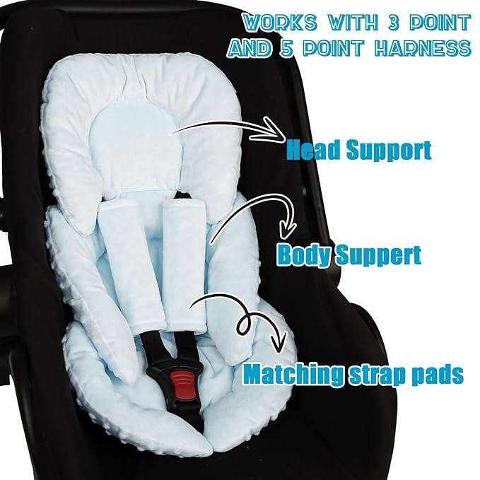GFU Infant Car Seat Insert Head and Body Support, Reversible Newborn Insert for Carseat with Strap Pads, Soft Stroller Cushion Pillow Insert for Boys and Girls, Fits for Stroller, Swing, Lightblue