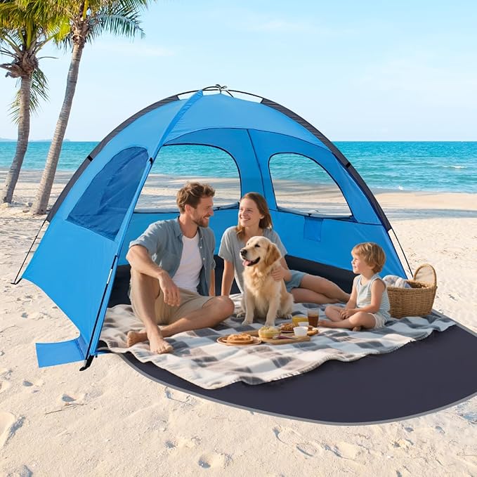 NXONE Beach Tent Sun Shade Shelter for 3/4/6 Person Person with UV Protection, Extended Floor, 3 Mesh Roll Up Windows & 8.0/8.5mm Fiberglass Rods丨Carry Bag Included