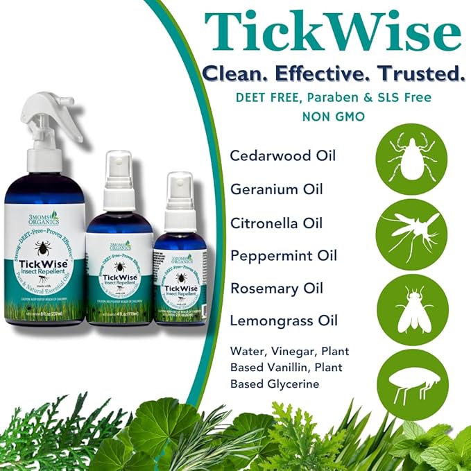 3 Moms Organics TickWise | DEET- Free, Tick and Insect Repellent | Plant Based Essential Oils and All Natural Ingredients | Safe for Kids, Adults, Dogs and HorsesTrio 8oz,4oz,2oz