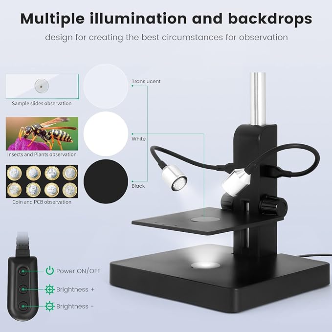 JL246P 3 Lens 7'' LCD Digital Microscope 1000X, Biological Microscope with Prepared Slides for Adults and Kids,12MP for Coin Microscope Full Coin View, 32G Card, Multiple Lights