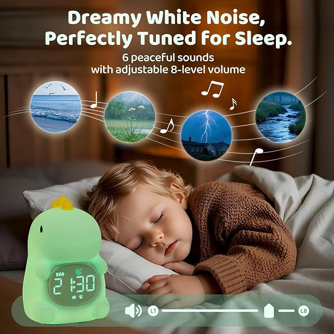 Dinosaurs Alarm Clock with Night Light for Kids with Sleep Training and Sound Machine, Rechargeable Silicone Lamp OK to Wake Clock，Cute Animal Tabletop Lamp, Perfect Sleep Companion for Boys Girls