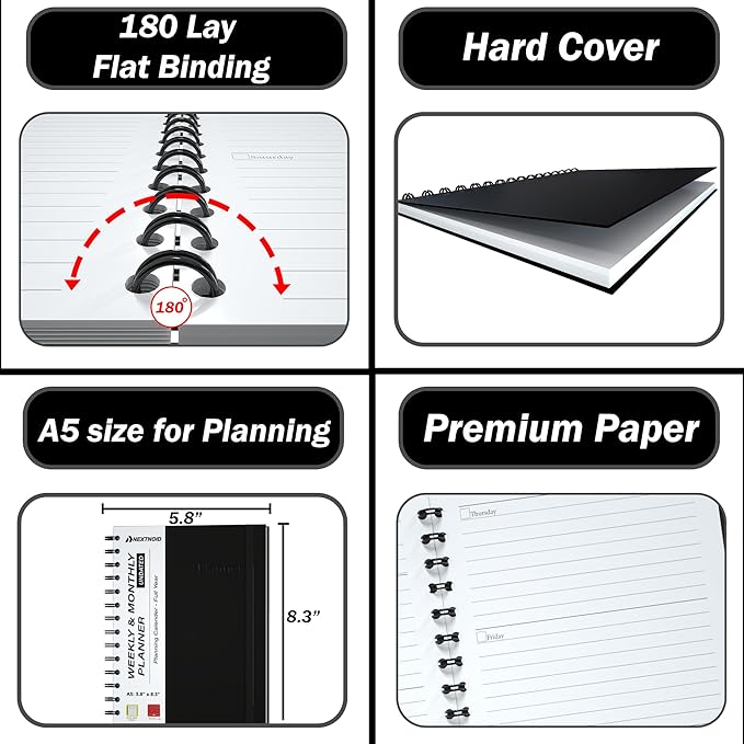 Undated Monthly and Weekly Planner - 12 Month Calendar Planner Notebook with Week Days - Hardcover Undated Planners Blank Agenda Book - A5 Black