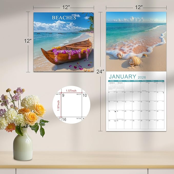 Gannyfer Calendar 2025-2026, 18 Months Beaches Wall Calendar 2025-2026, Large Wall Calendars 12" x 24" Opened, Perfect as Gifts for Friends, Family