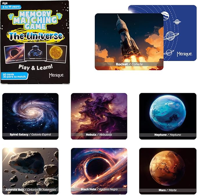 Menique Universe Memory Matching Game – 60 Cards (30 Pairs) – Bilingual Space Game with Planets, Stars & More – Educational for Kids and Adults
