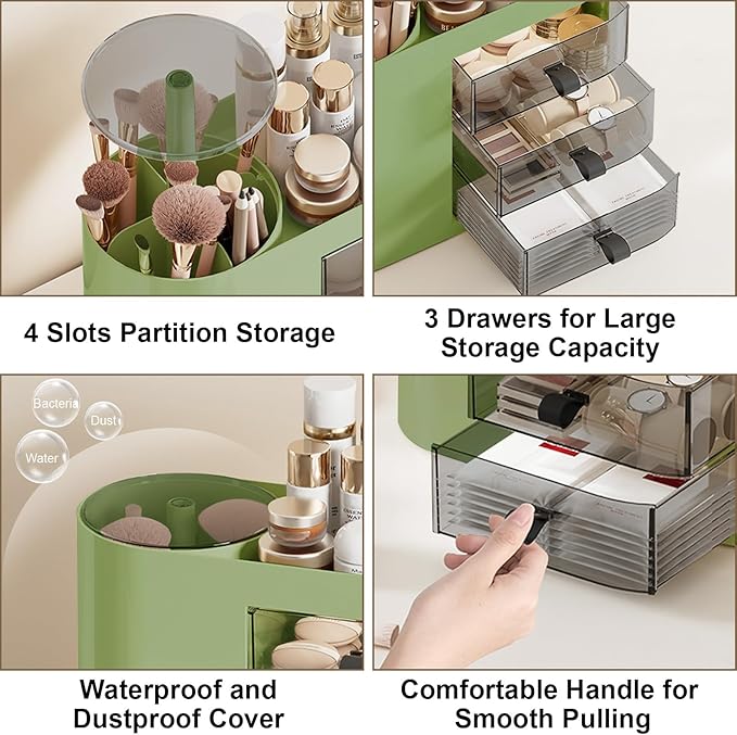 DASITON Makeup Organizer with 3 Drawers,Automatic Lifting Makeup Brush Holder with Lid,Large Capacity Makeup Organizers for Vanity,Bathroom Countertop,Ideal Storage Skin Care,Brushes,Lipstick (Green)